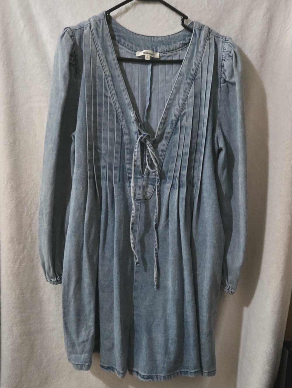 Light Blue Denim Peasant Romper with V-Neck Tie